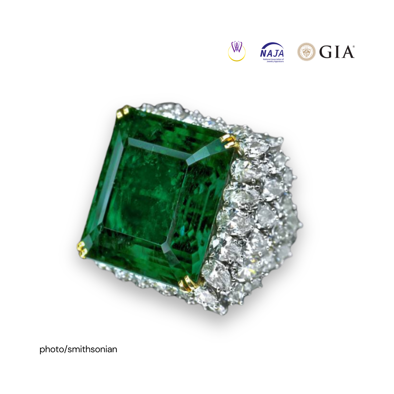 The Chalk Emerald, a 37.82-carat emerald set in a platinum and gold ring surrounded by diamonds.