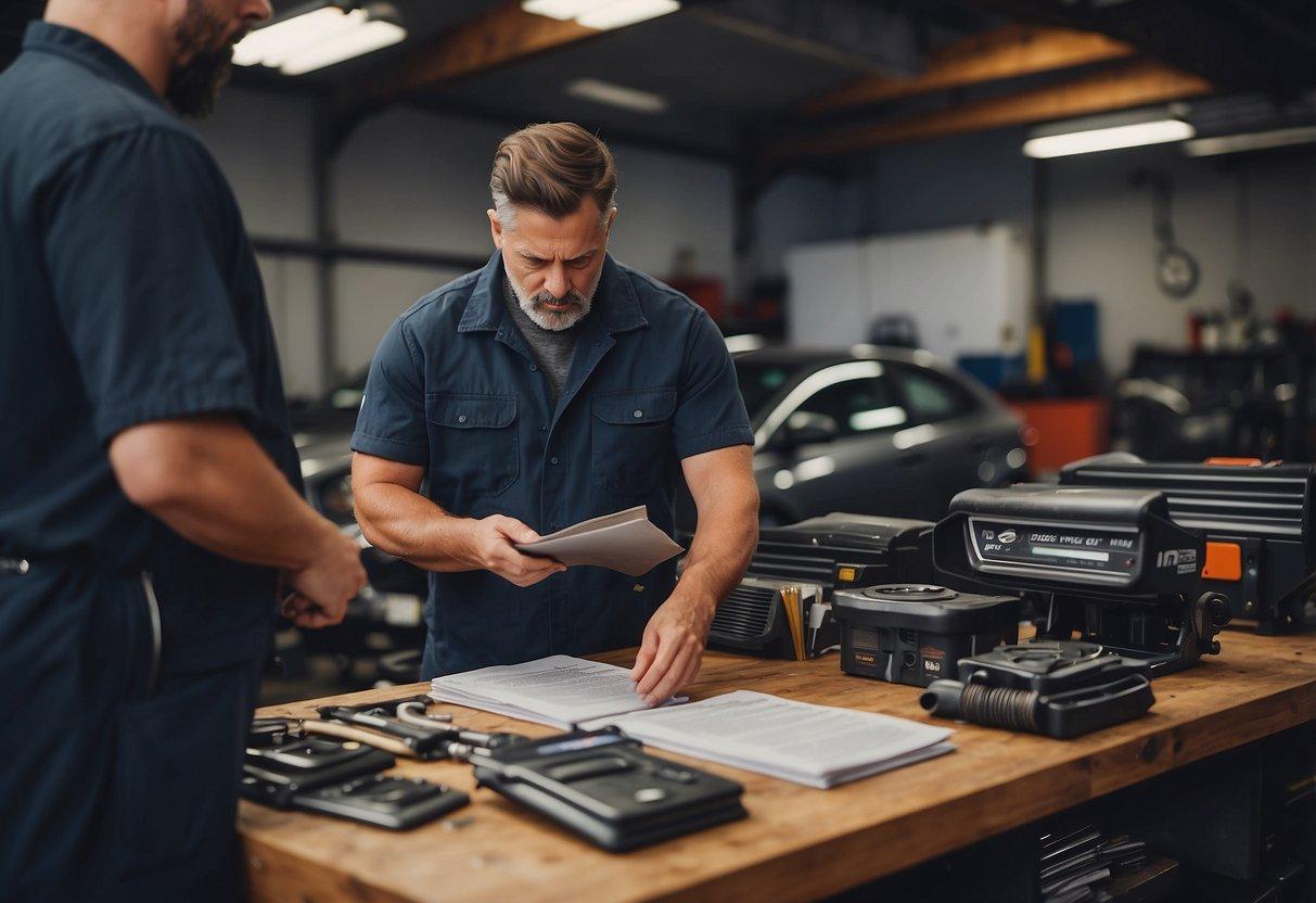 A mechanic compares a workshop manual and an owner's manual for a vehicle component. Tools and car parts are spread out on a workbench