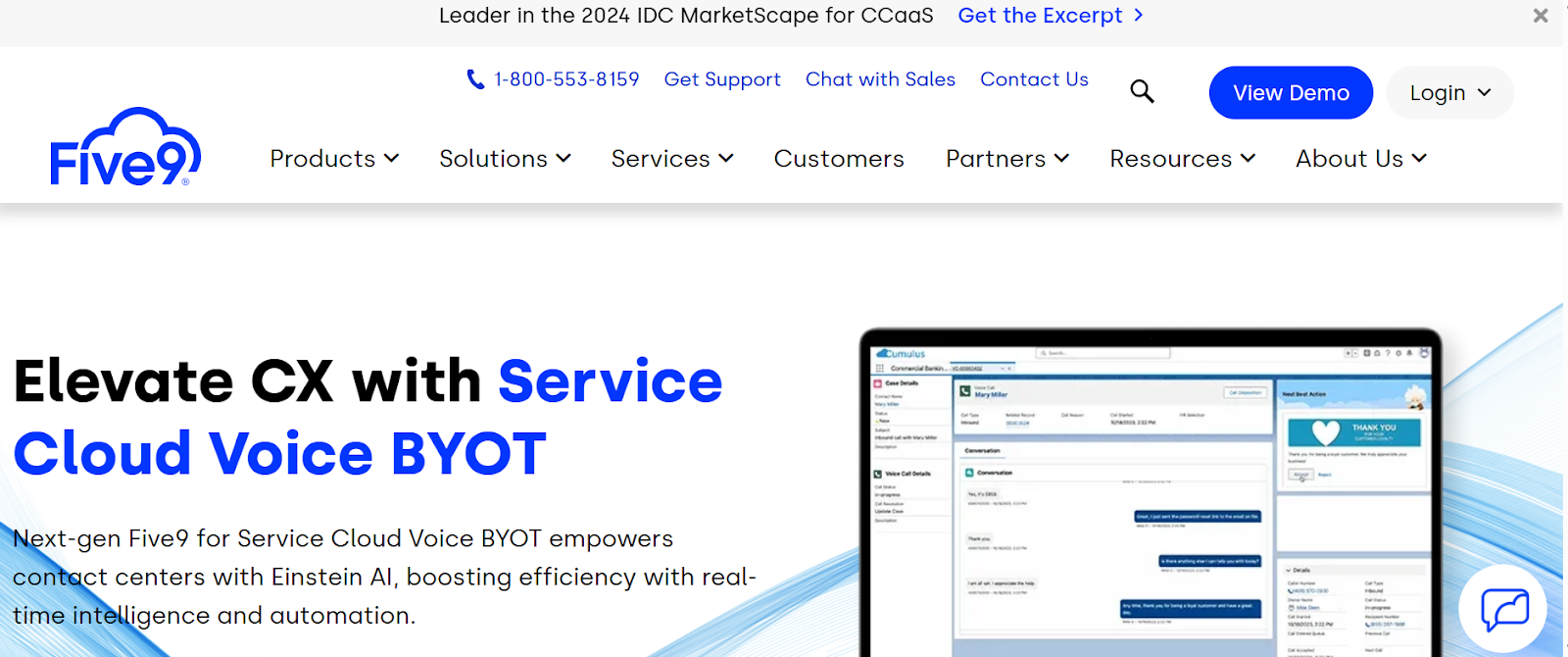 Five9 website snapshot highlighting the services it offers.