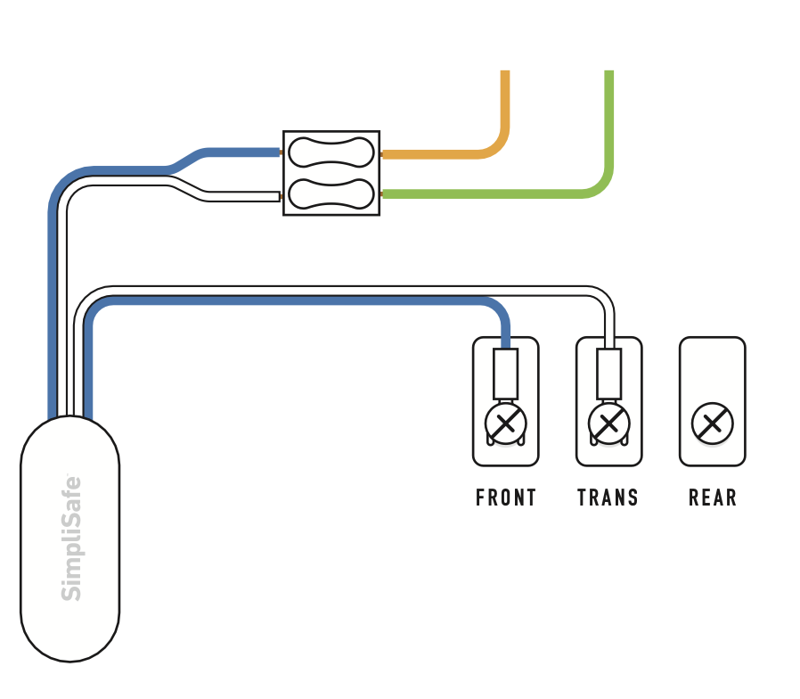Diagram of SimpliSafe® chime connector with Chime Connector White wire connected to the doorbell Trans terminal.