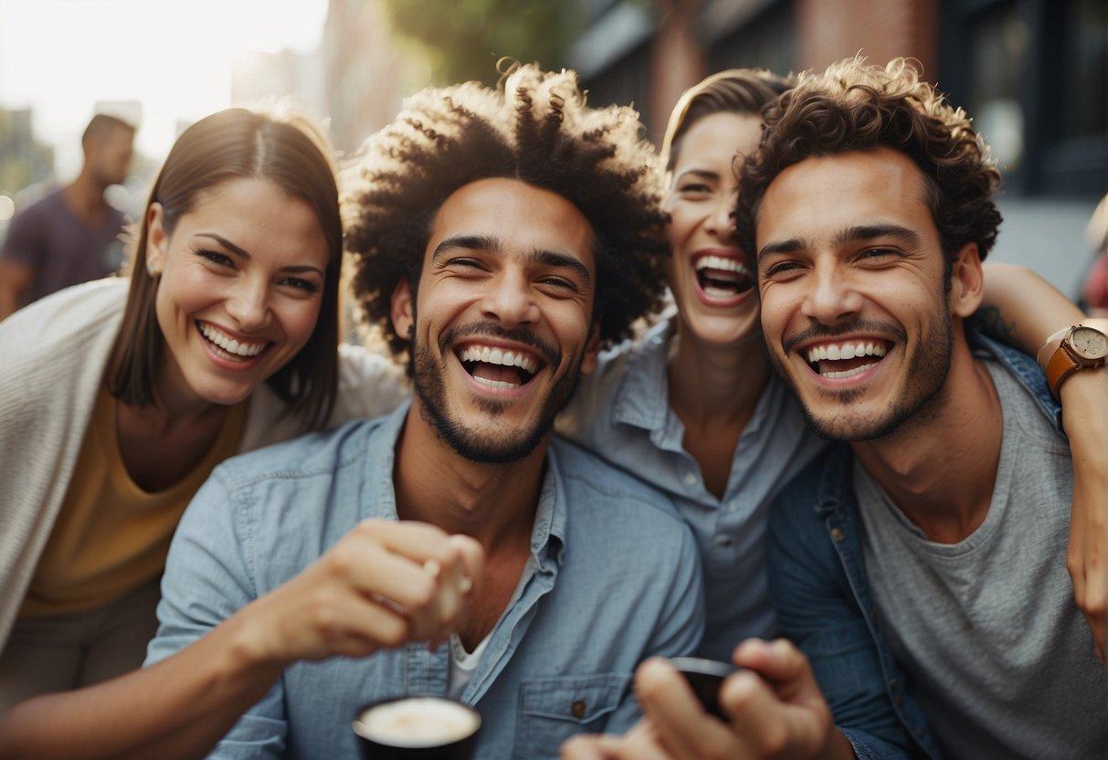 A group of people happily referring friends to a business, earning rewards. Excited faces, social media shares, and a web of connections