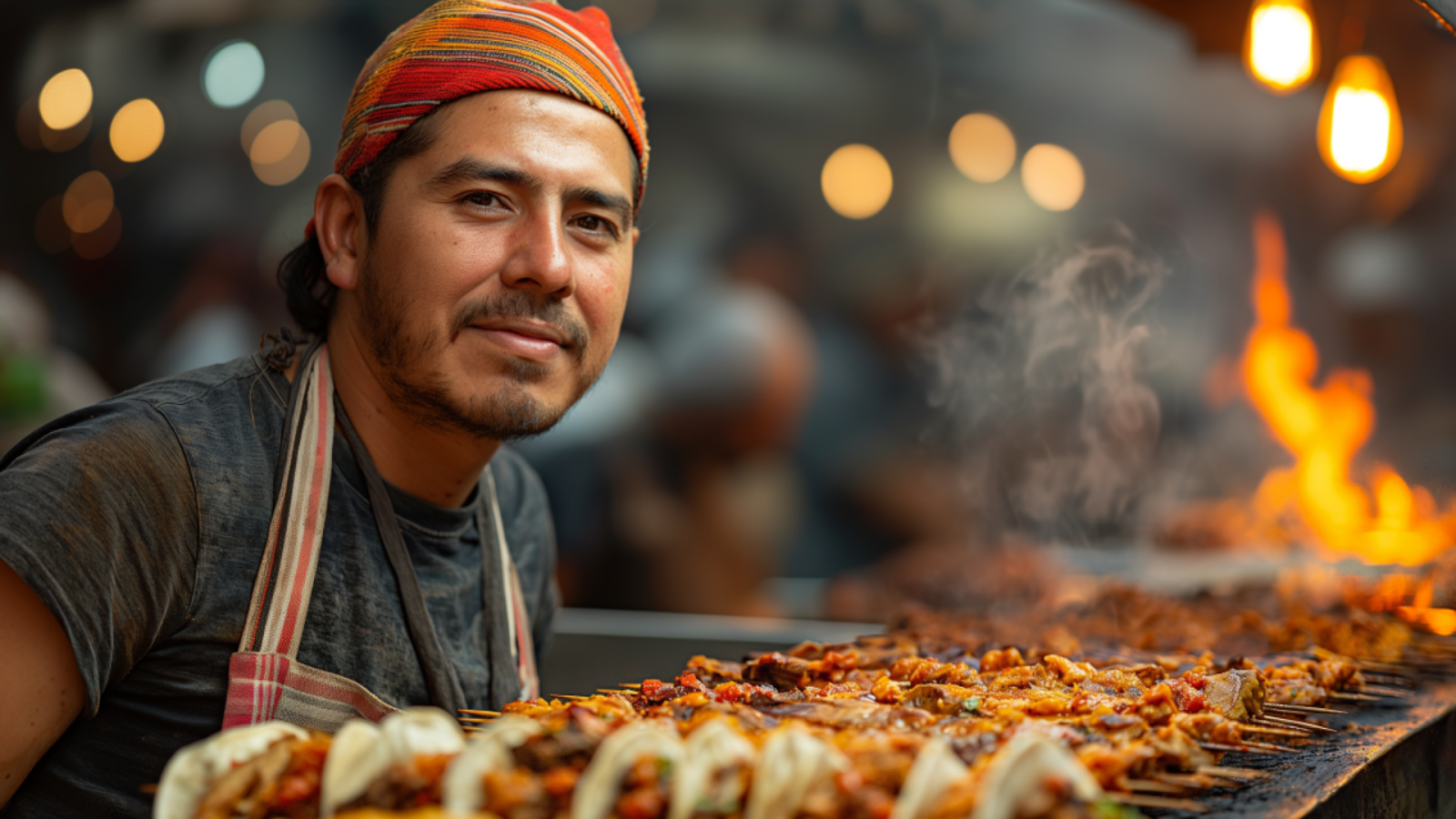 A chef slices meat for tacos al pastor at a bustling Mexico City street food stand.