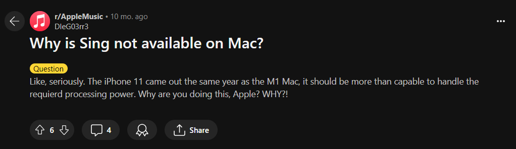 Alt=r/AppleMusic screenshot of a post where a user complains about Apple Music Sing not being available on Mac devices