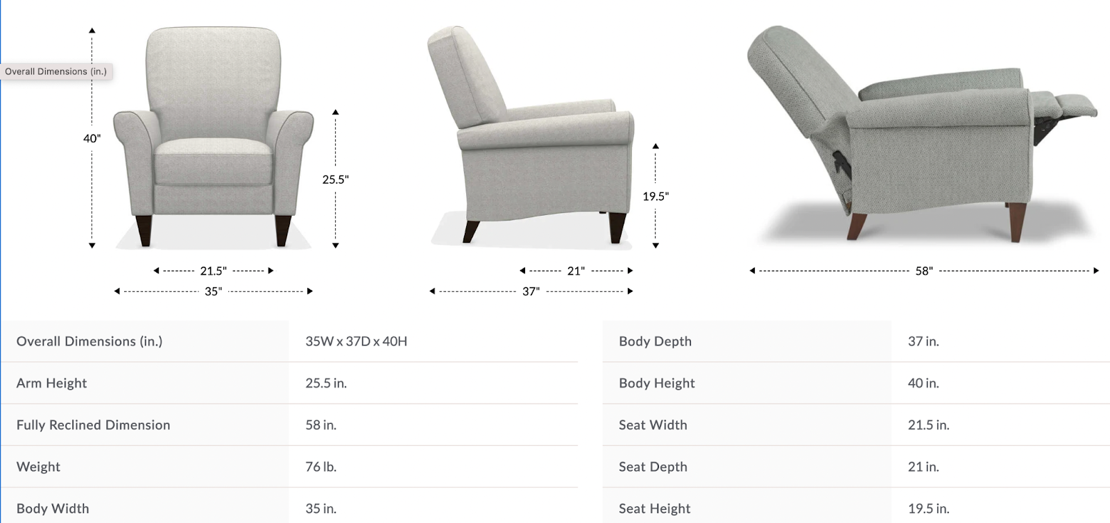 haven high leg reclining chair dimensions