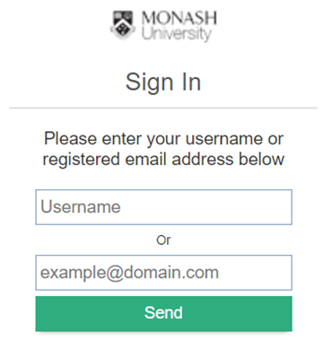 Screen that appears when the 'Click here to reset password' option is selected, containing Username and email fields as well as a 'Send' button