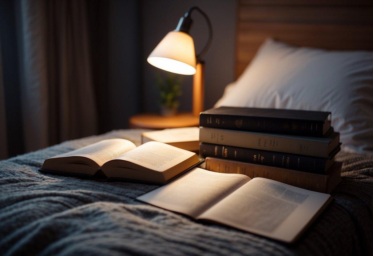 A cozy bedroom with soft, warm lighting. A journal and pen sit on the nightstand, surrounded by a few favorite books. A plush blanket is neatly folded at the foot of the bed, inviting relaxation