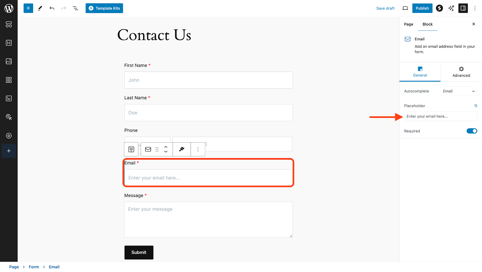 Select individual form field > General > Placeholder and add the placeholder text