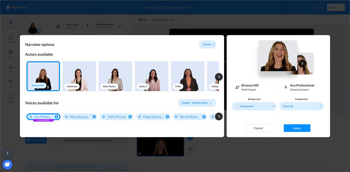 Rephrase.ai lets you select from a range of avatars, from business personas to casual characters.