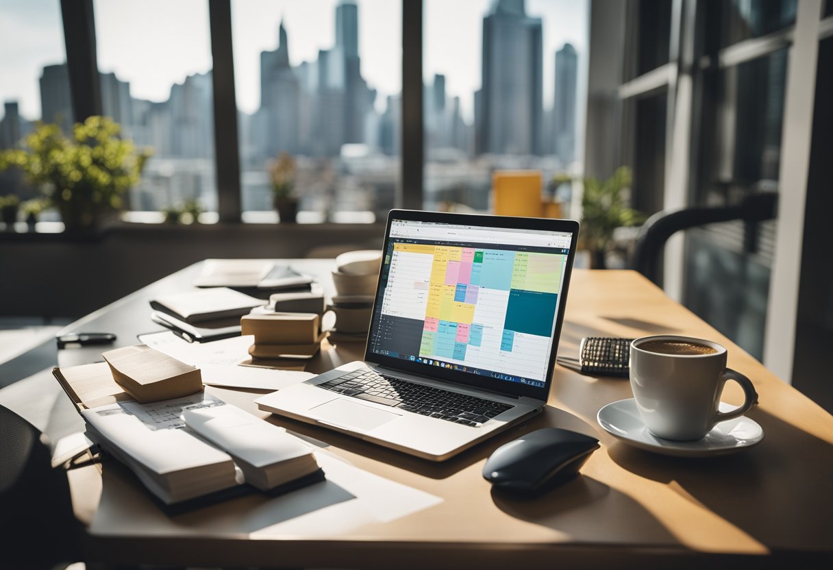 A cluttered desk with a laptop, notebook, and coffee mug. Post-it notes with reminders and deadlines. A calendar with dates circled. A window with cityscape view