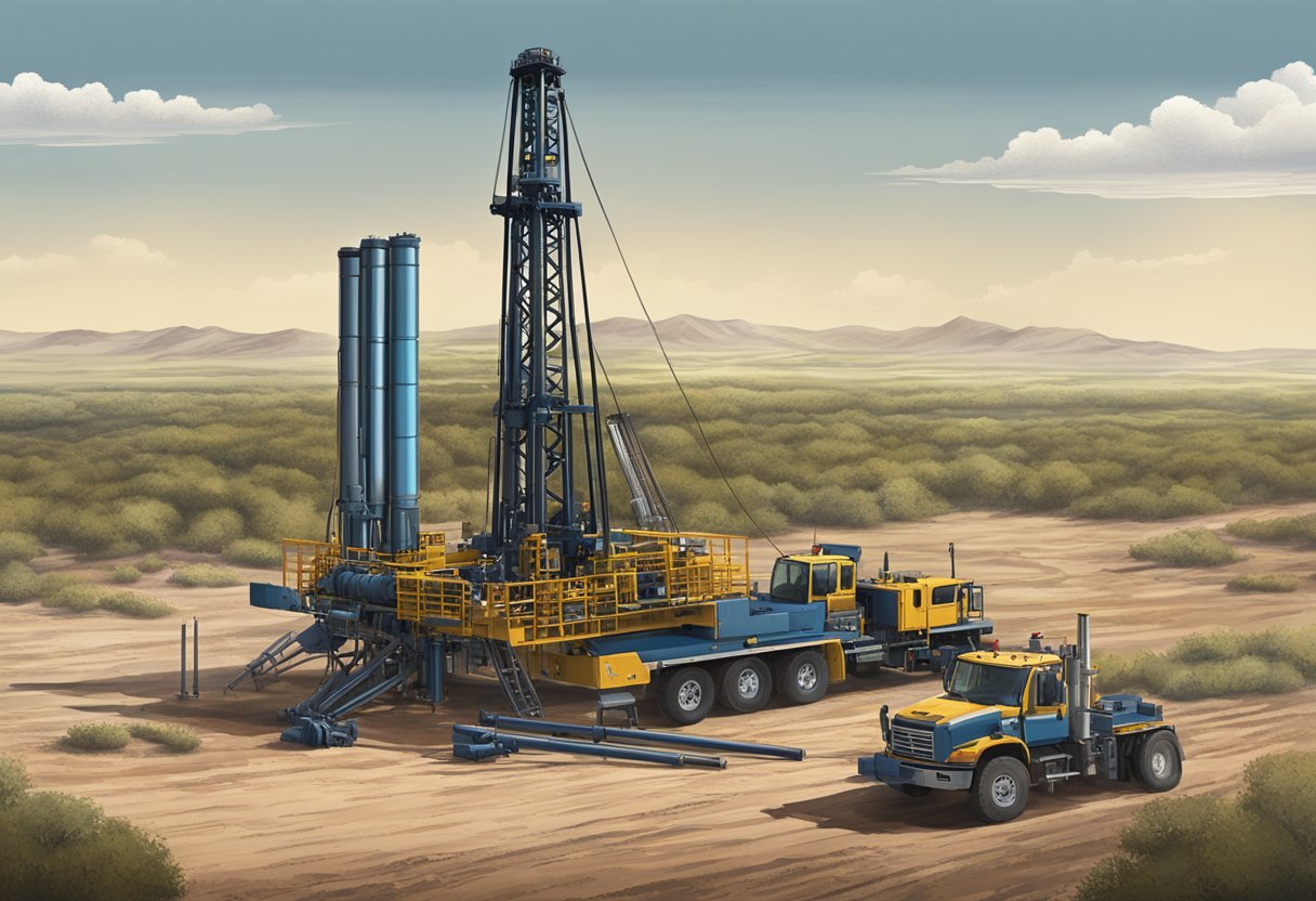 A rugged Texas landscape with a towering drill rig surrounded by drill pipes and tools, showcasing the excellence of drilling equipment by Sossusa