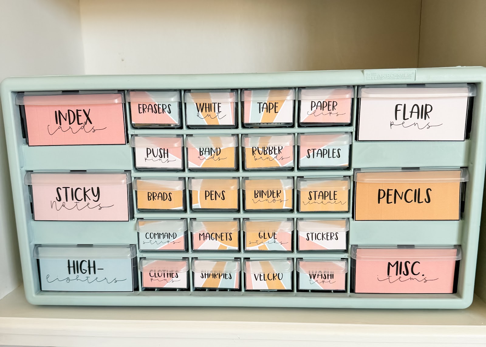 This image shows a teacher toolbox decorated with pastel retro classroom theme labels. 