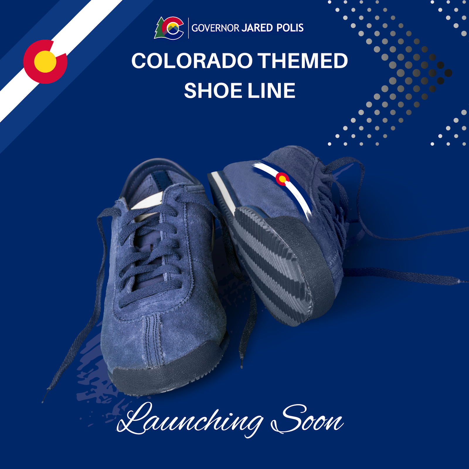 Colorado-themed shoe line. Dark blue suede casual shoes with Colorado logo
