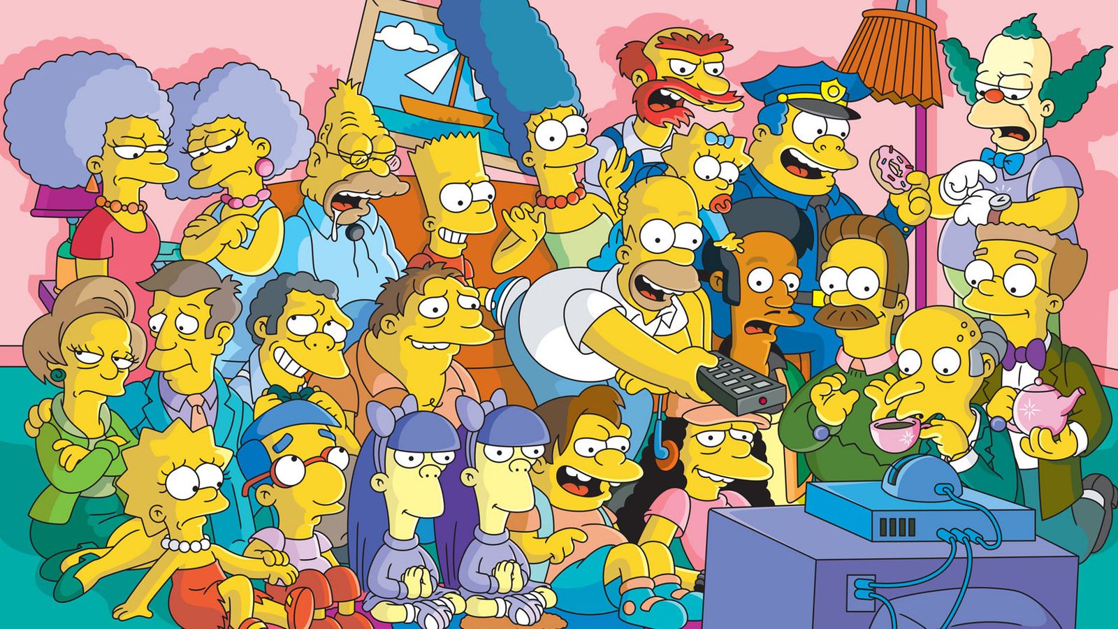 Personajes de Los Simpson en el living de la casa frente al televisor