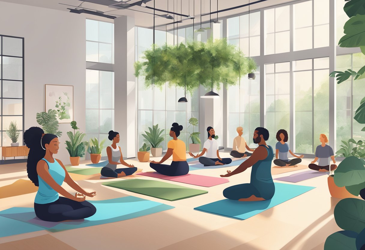 A diverse group of employees engage in wellness activities, such as yoga, meditation, and fitness classes, in a modern office space with natural light and greenery