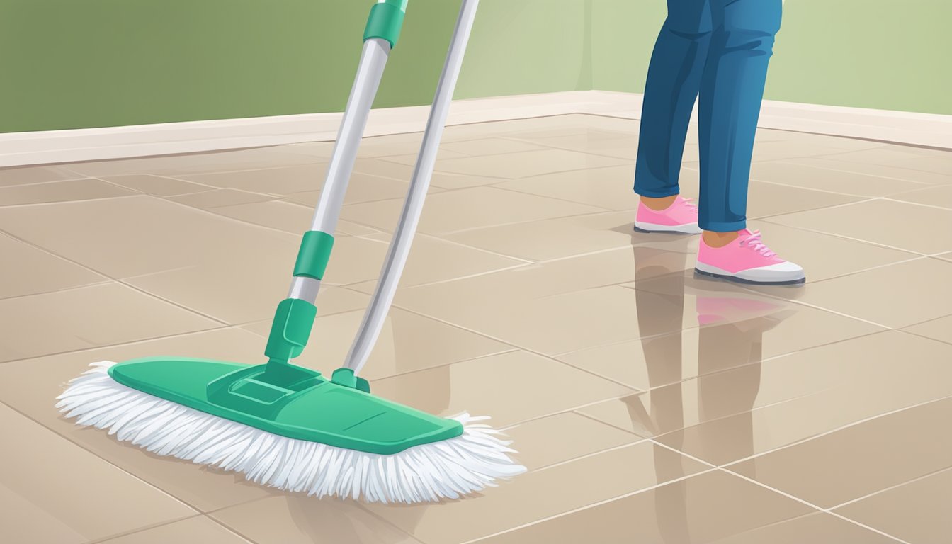 Una persona che pulisce un pavimento in vinile con un detergente delicato e uno spazzolone morbido, evitando prodotti chimici aggressivi e strumenti abrasivi