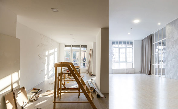 renovation concept - apartment before and after restoration or refurbishment - a room with a large w