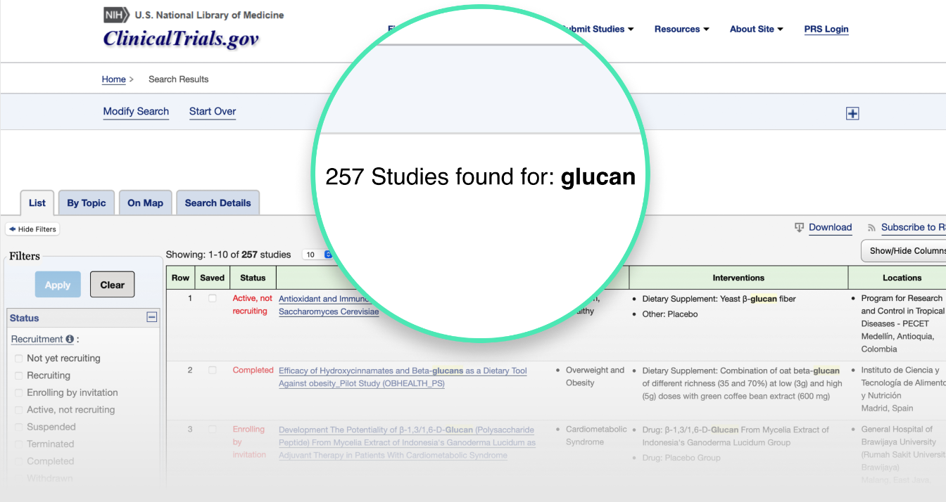 Over 257 medical studies on beta-glucan found in Clinical Trials 