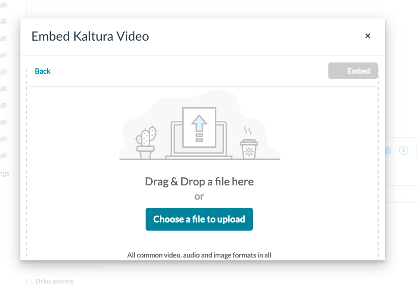 embed kaltura video drag and drop or choose file screen