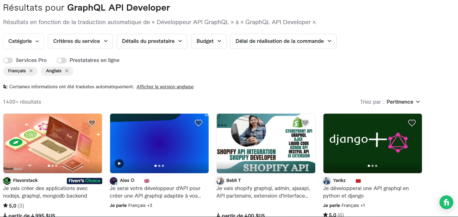 Requête "Développeur GraphQL API" sur Fiverr