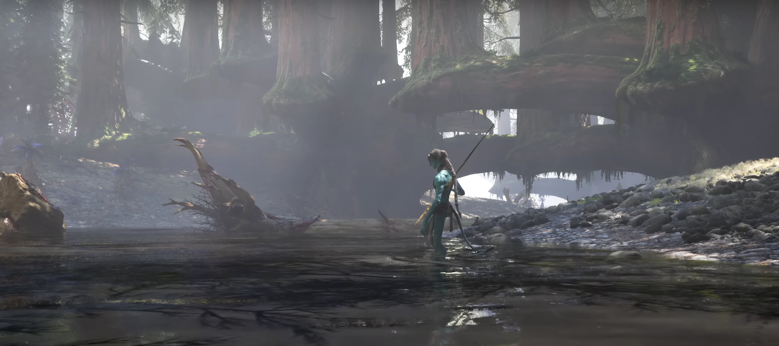 A Na'vi on a lake in Avatar: Frontiers of Pandora