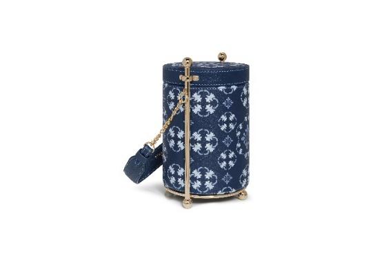 A blue and white cylinder bag  Description automatically generated