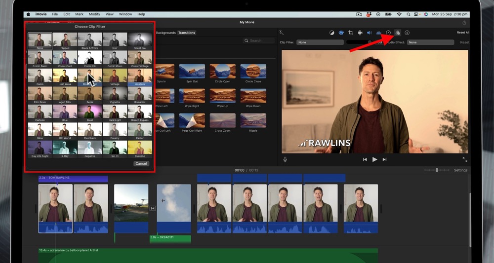 Filter icon above the iMovie playback window showing a gallery of different filter options