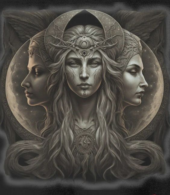 The trifold depiction of Hecate in the illustration signifies her multifaceted identity as a youthful maiden, nurturing mother, and wise crone.