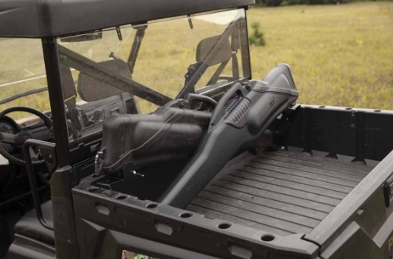 A UTV rear bed complete with the Double Gun Boot Mount by Kolpin Powersports, capable of safely transporting two firearms. 