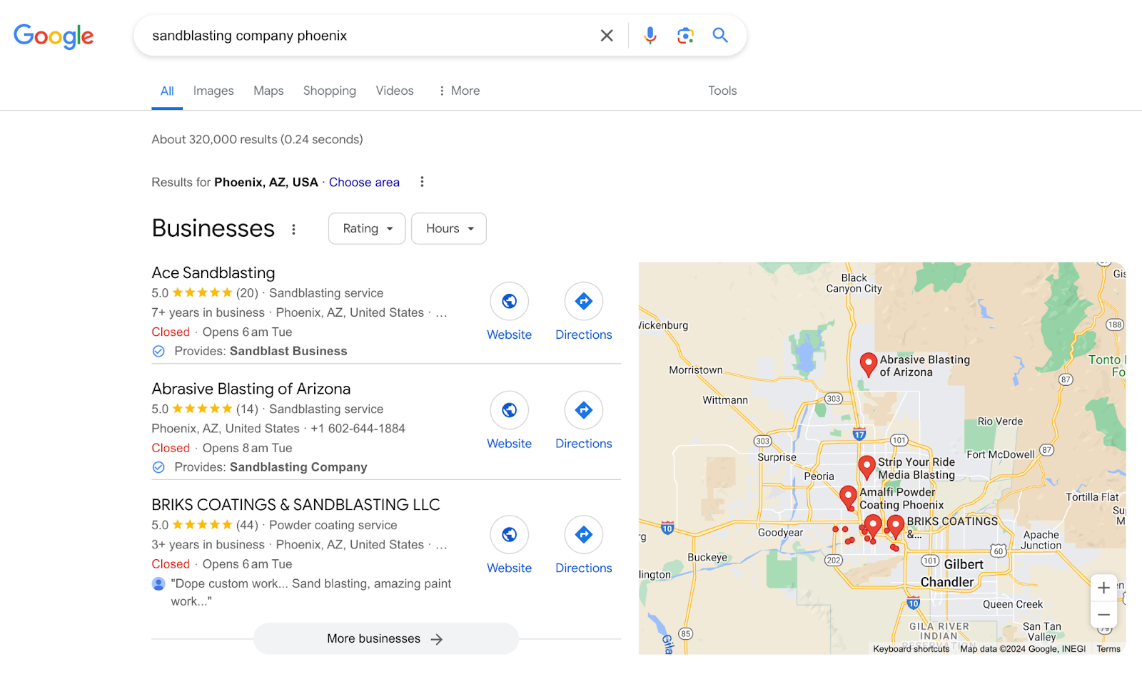 Google’s search results page showing the local 3 pack and map.