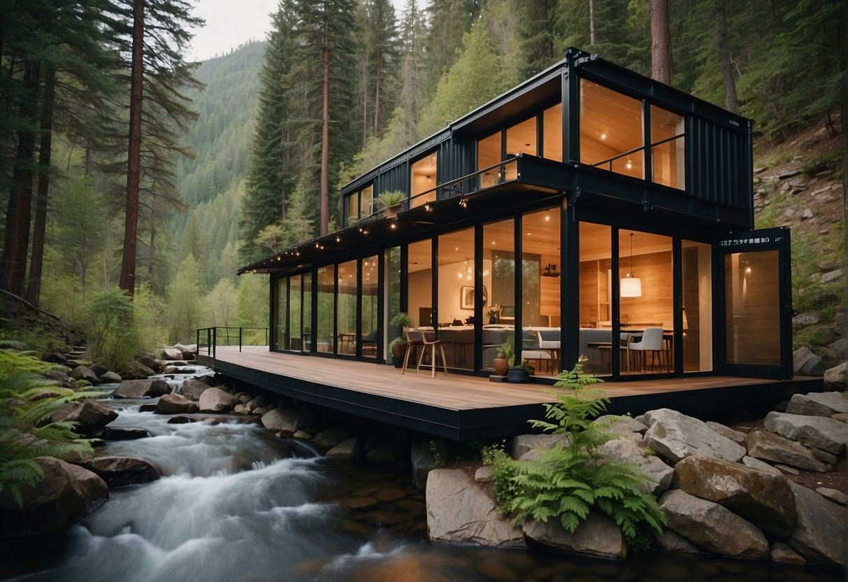 A container home nestled in a lush, mountainous landscape, surrounded by tall trees and a flowing stream, with large windows and a spacious deck for guests to enjoy the natural beauty