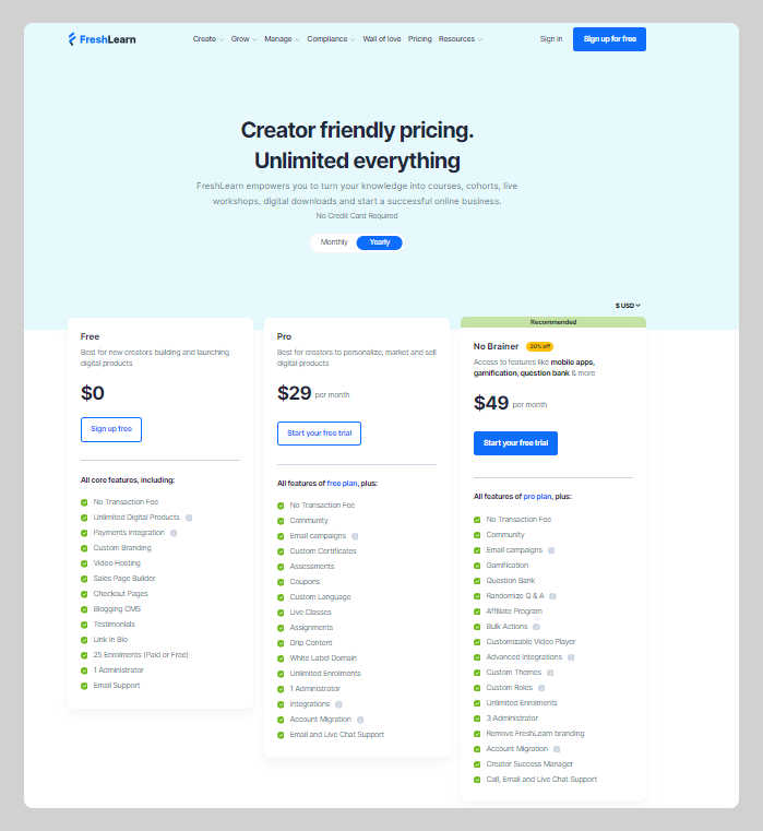 FreshLearn Pricing
