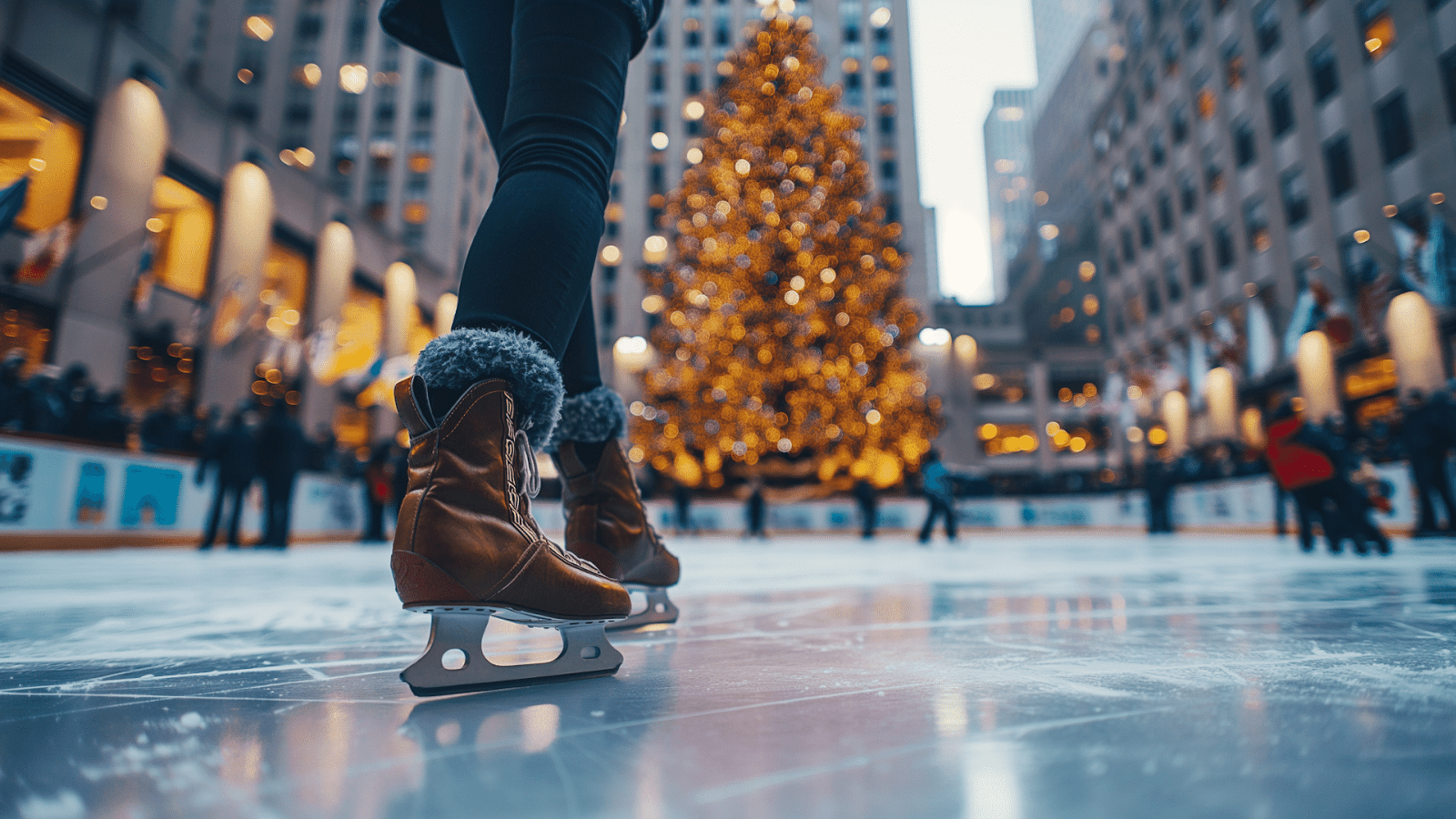 Person ice skating with a brightly lit Christmas tree in a city square behind them