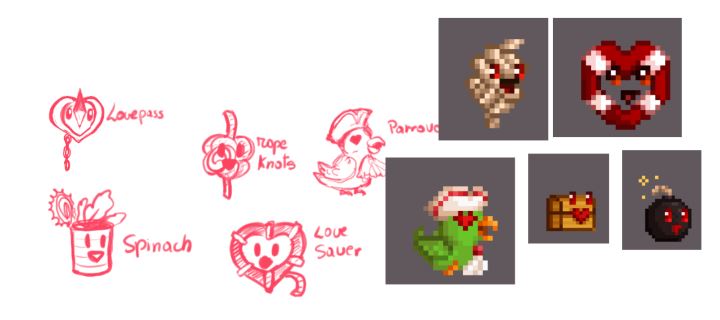 Sketches in red ink of the "Lovepass", "Rope Knots", Parrot, Spinach, and "LoveSaver" with the full pixelated art next to it.