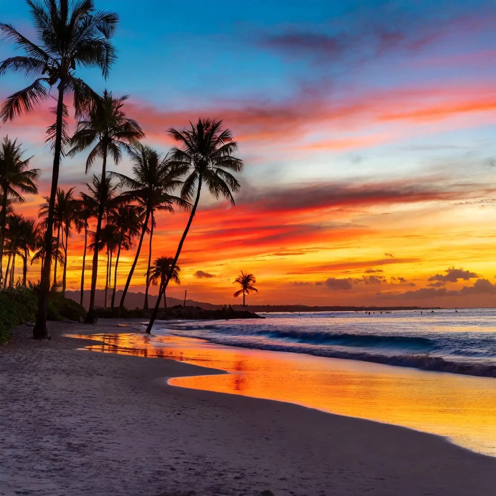 A tropical beach scene at sunset with a vibrant palette of colors. A row of palm trees lines the beach, their silhouettes adding contrast to the bright colors of the sky.