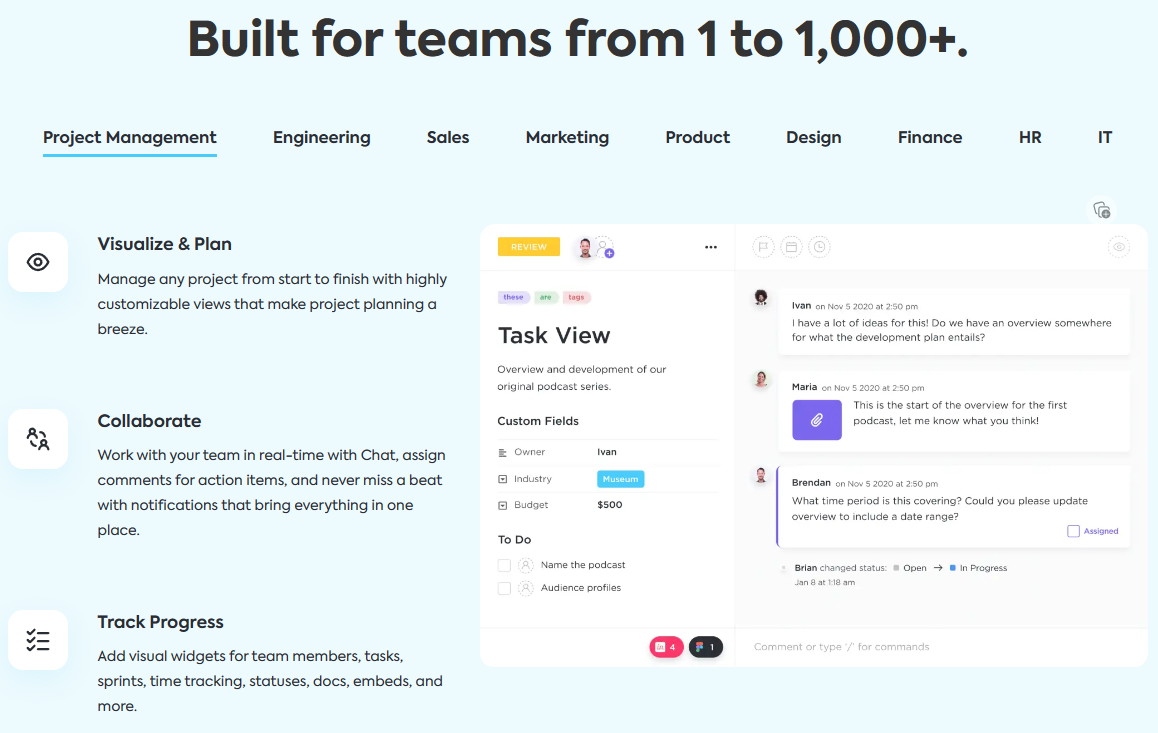 Built for teams 1 to 1,000+ with ClickUp