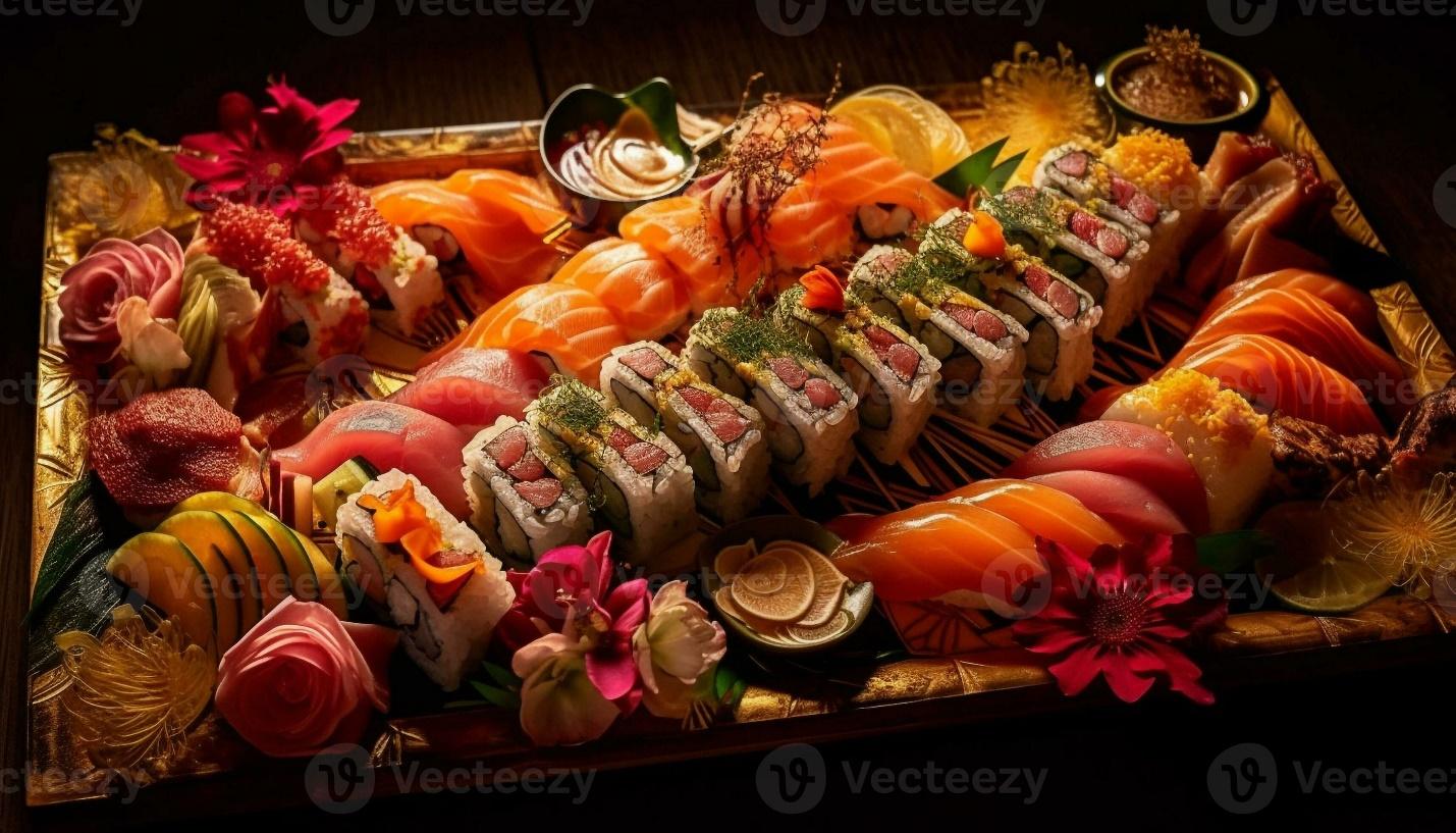 Fresh seafood sushi plate Japanese culture showcased generated by AI  24650360 Stock Photo at Vecteezy