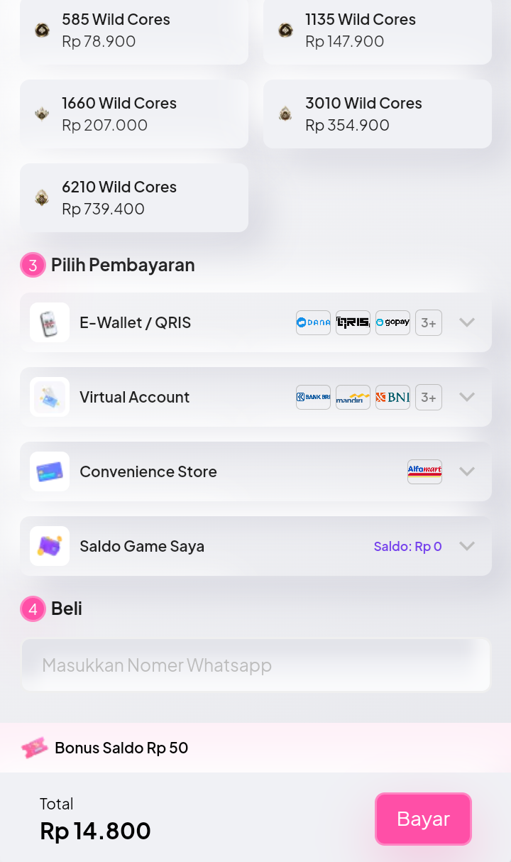 Pilih metode pembayaran untuk pembelian Wild Core