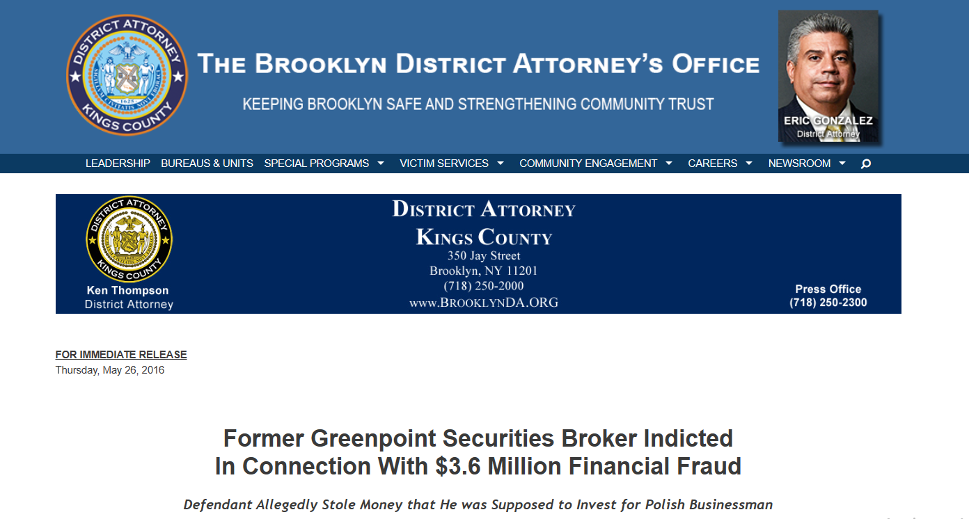 The allegations by District Attorney Office of Brooklyn on Roman Sledziejowski. 