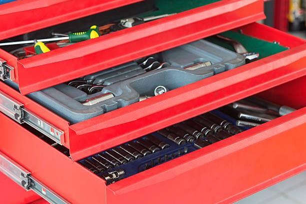 Red tool box, cabinet Red tool box, cabinet tool storage drawers stock pictures, royalty-free photos & images