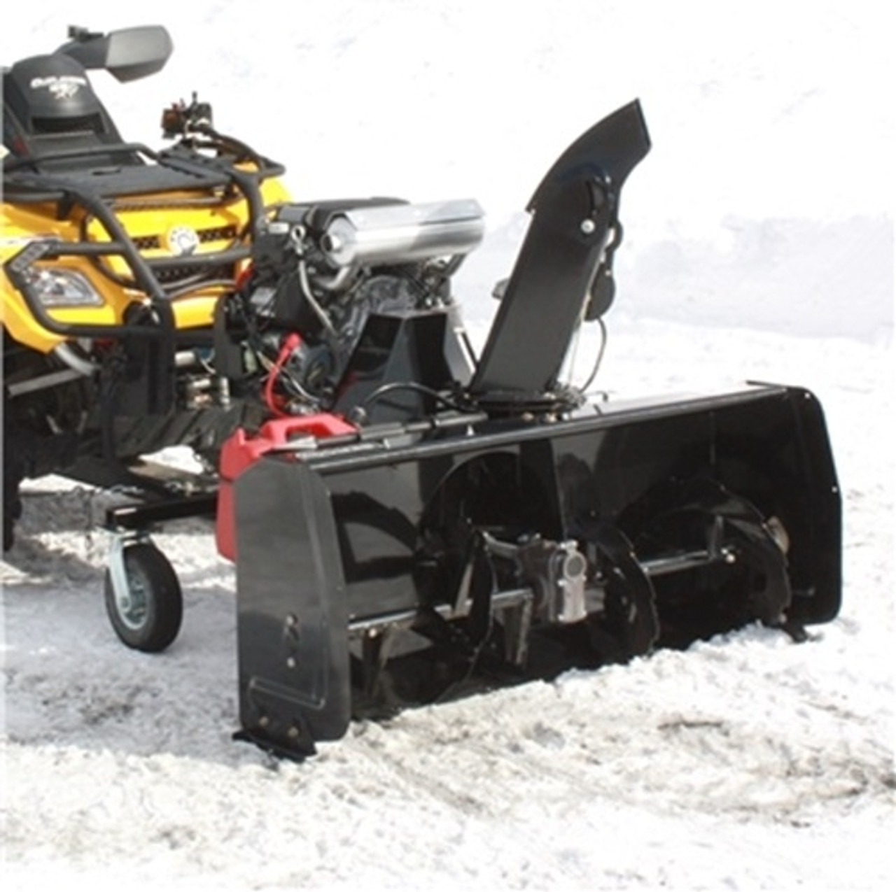 A front-oblique image of a 54-inch Bercomac snow plow, installed on an ATV and parked on snowy terrain.