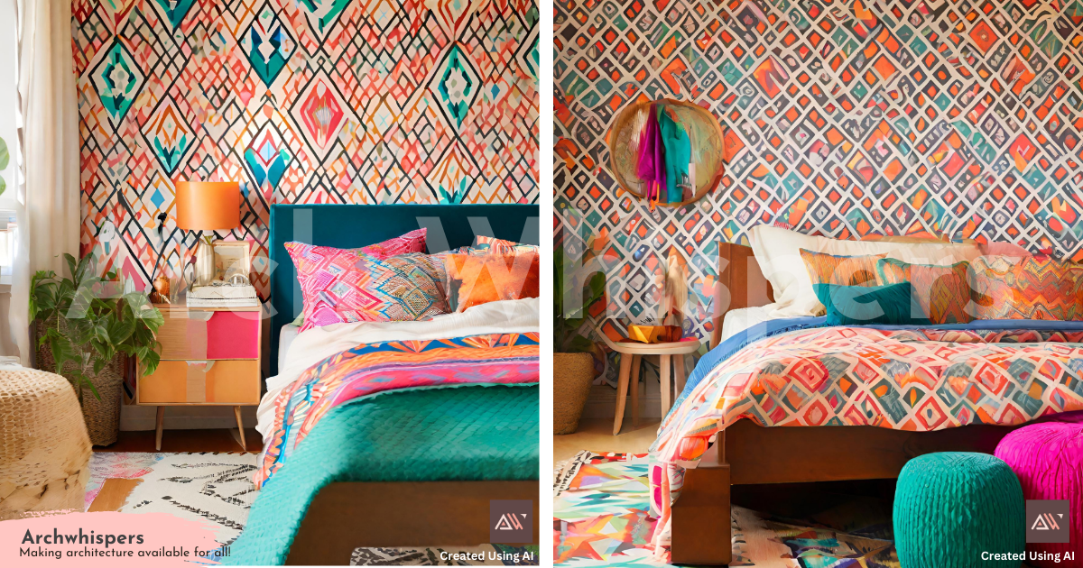 A Bedroom With Colorful Ikkat Wallpaper & Rugs