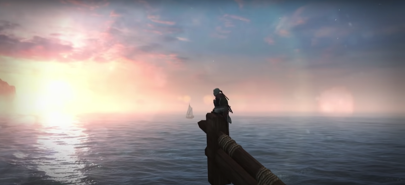 An in game screenshot of an assassin looking out onto the water from Assassin's Creed IV: Black Flag. 