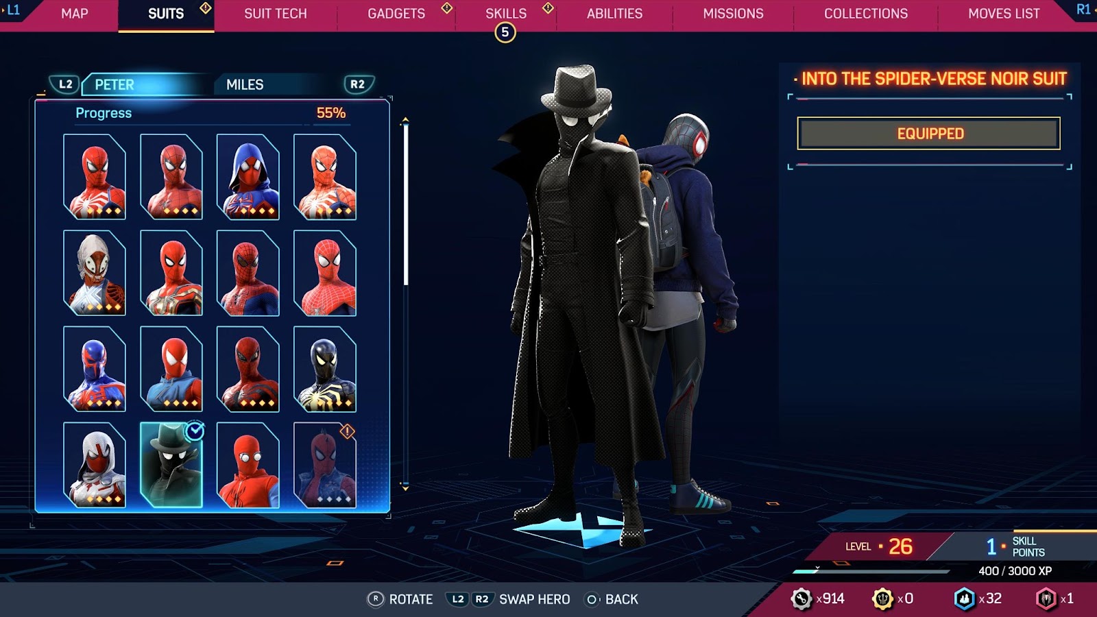 An in game screenshot of the suit menu from Marvel's Spider-Man 2. 