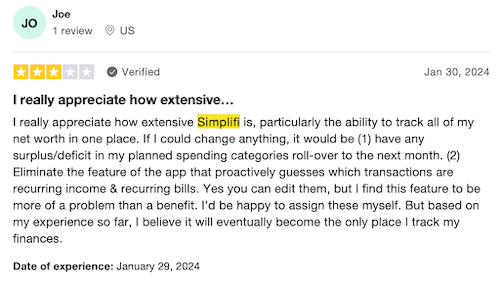 A 3-star review from a Simplifi user who likes being able to track their net worth in one place but doesn't like the feature that guesses which transactions are recurring. 