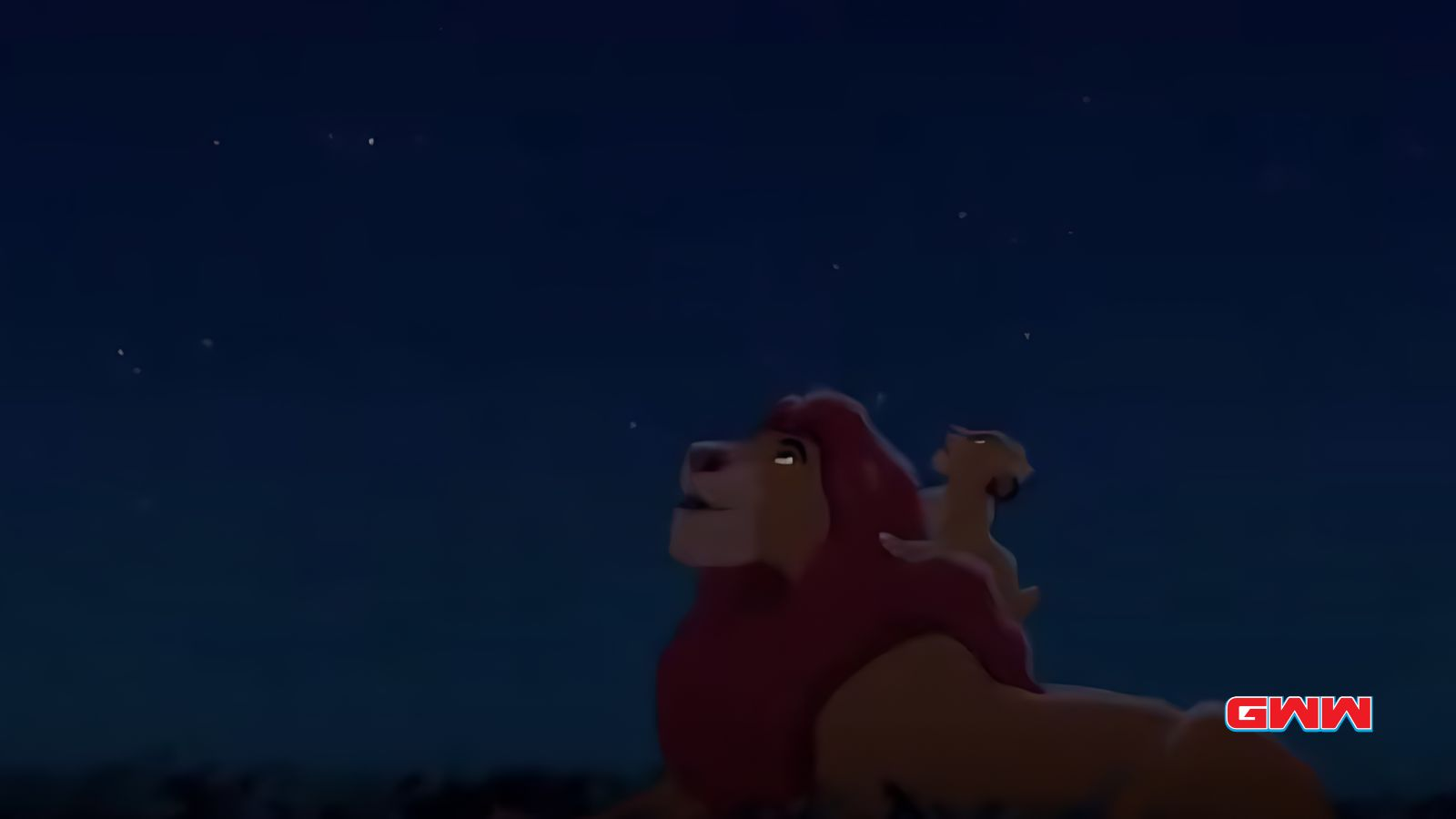 Mufasa y Simba mirando al cielo nocturno. 