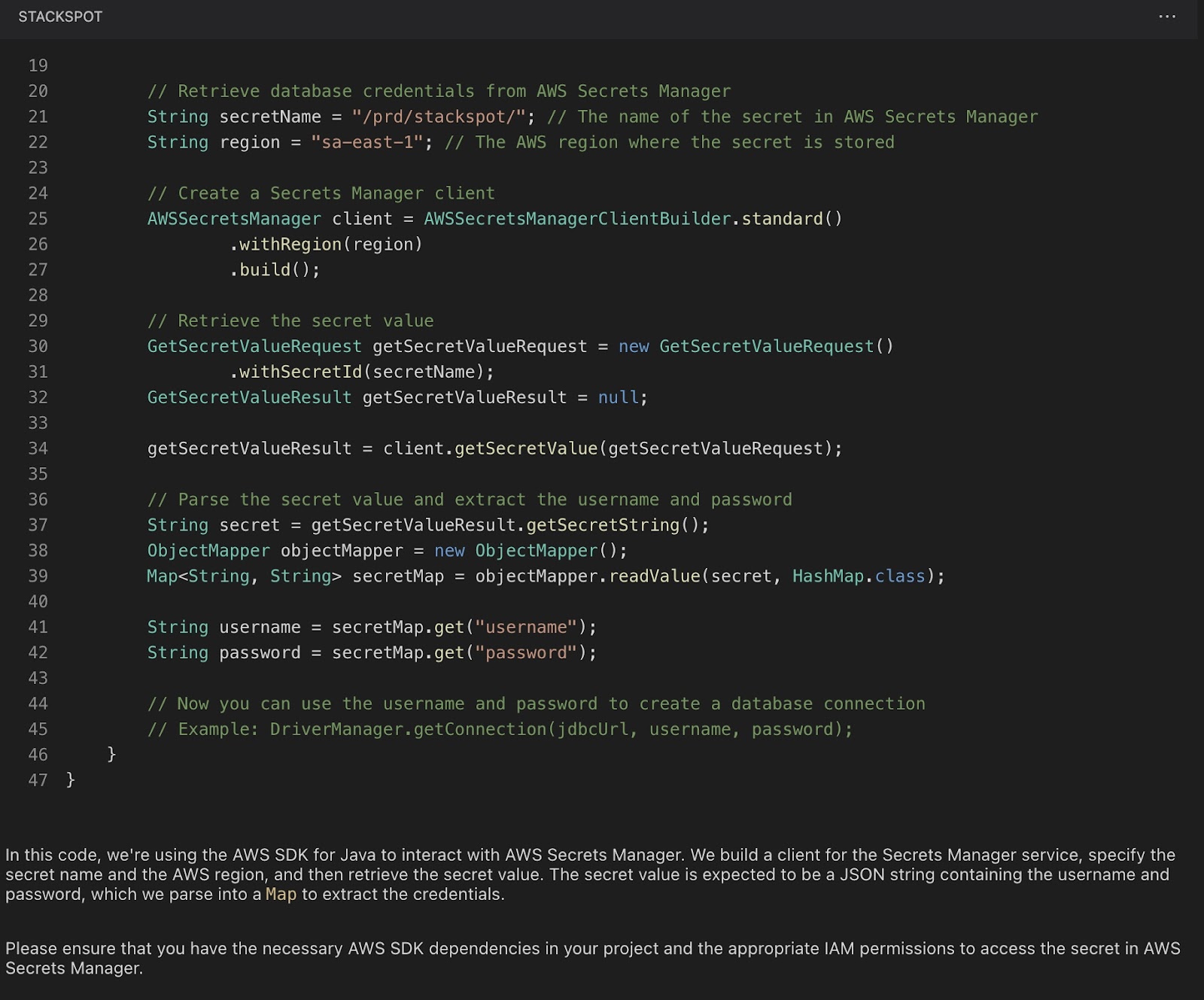 Imagem do artigo sobre vulnerabilidades de aplicação com StackSpot AI substituiu os campos username e password que estavam hardcoded no código pela utilização do AWS Secret Manager, utilizando as informações armazenadas nesta secret.