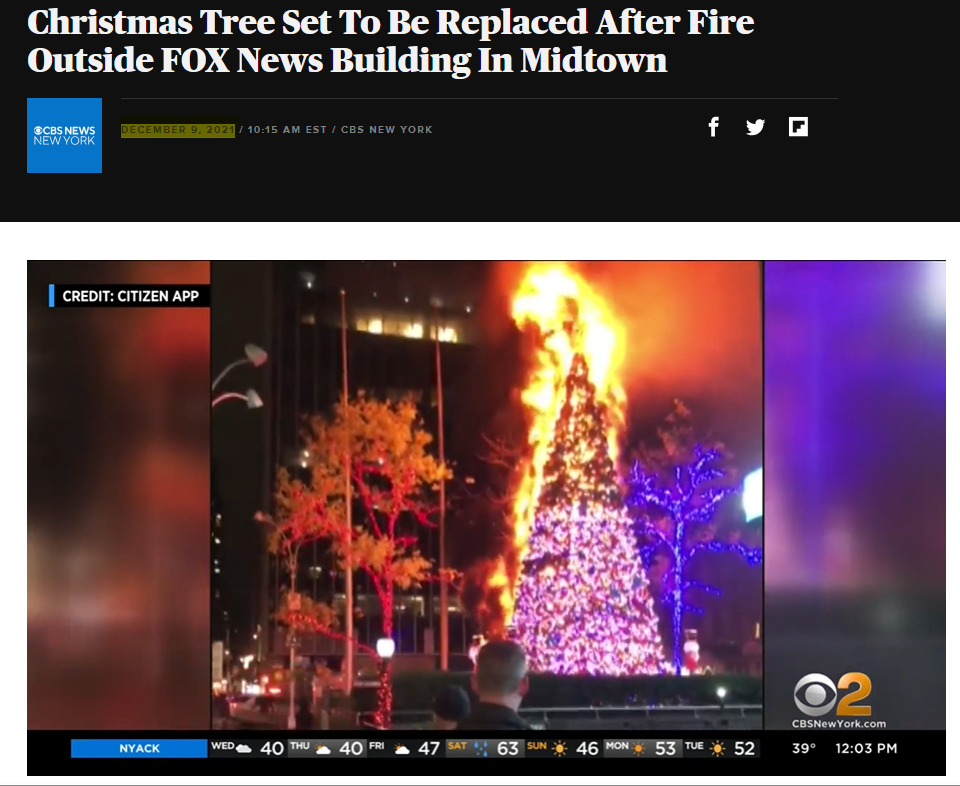 Fox News Christmas tree in New York City set ablaze