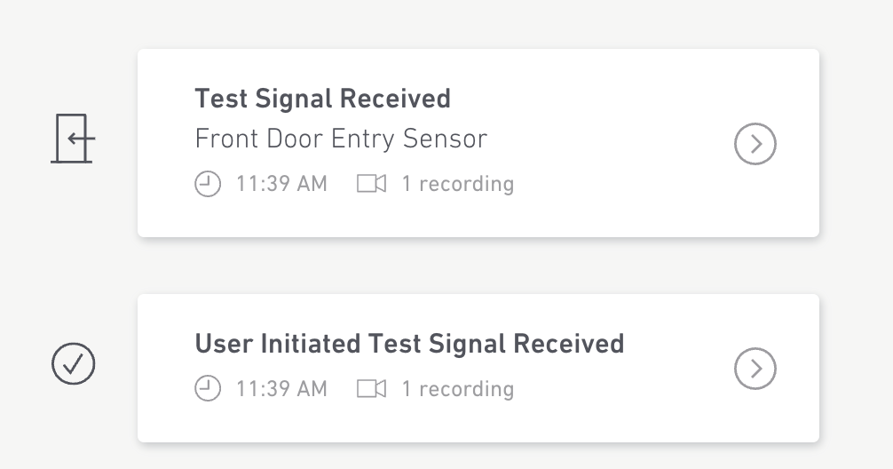 An example of the Entry Sensor showing up on the timeline of the Web App when using Test Mode. To confirm the system is in Test Mode, the timeline will read - User Initiated Test Signal Received.