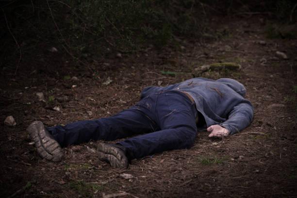 A caucasian man's dead body was found in the park. Murder in the woods. Murdered citizen. Crime scene A caucasian man's dead body was found in the park. Murder in the woods. Murdered citizen. Crime scene. High quality photo man dead stock pictures, royalty-free photos & images