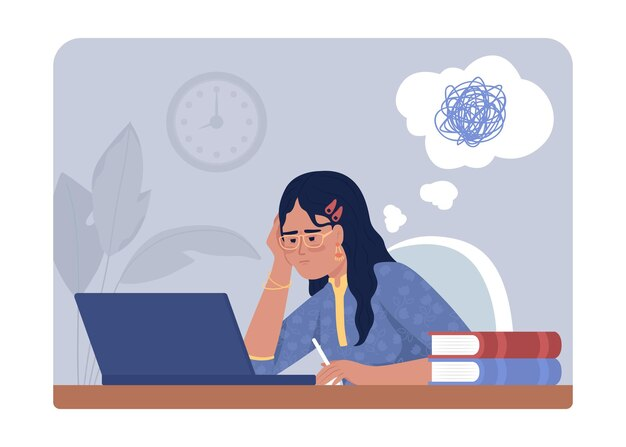 Graphic of a woman sitting at her desk with a laptop, a thought bubble above her head.
